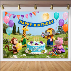 Lofaris Toile de fond joyeux anniversaire animaux mignons et ballons colorés, pour enfants, décoration de fête d'anniversaire