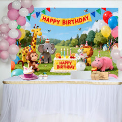 Lofaris Toile de fond joyeux anniversaire avec animaux de la jungle, ballons colorés et gâteau, pour fête d'enfants