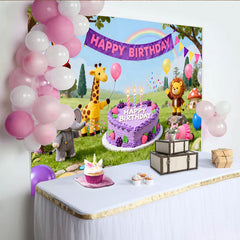 Lofaris Toile de fond joyeuse fête d'anniversaire, animaux de la jungle, gâteau et ballons colorés