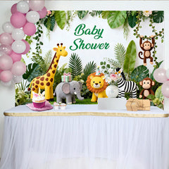 Lofaris Toile de fond baby shower jungle et animaux mignons, verdure luxuriante, décoration pour fête prénatale.