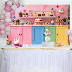 Lofaris Toile de fond de fête pastel, décor de magasin de desserts coloré avec cupcakes et macarons pour enfants et filles