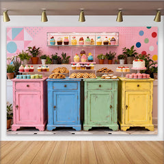 Lofaris Toile de fond de fête avec desserts colorés et ambiance joyeuse, pour anniversaire et baby shower, décor pastel