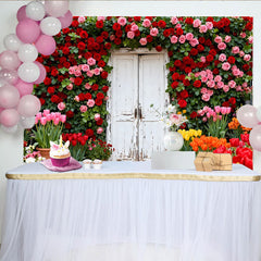 Lofaris Toile de fond porte blanche avec roses rouges et tulipes, décor floral pour mariage et portrait