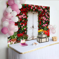 Lofaris Toile de fond porte blanche avec roses rouges et tulipes, décor floral pour mariage et portrait