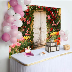 Lofaris Toile de fond porte rustique blanche et roses grimpantes, jardin fleuri pour événement printemps été