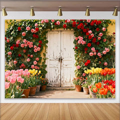 Lofaris Toile de fond porte rustique blanche et roses grimpantes, jardin fleuri pour événement printemps été