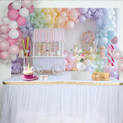 Lofaris Toile de fond anniversaire confiserie ballons pastel et chariot, décor de fête pour enfants avec sucettes et gâteaux