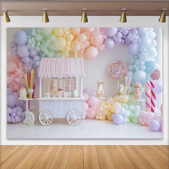 Lofaris Toile de fond anniversaire confiserie ballons pastel et chariot, décor de fête pour enfants avec sucettes et gâteaux
