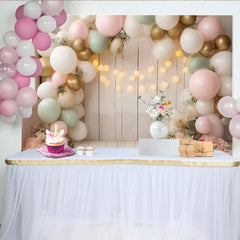 Lofaris Toile de fond pour baby shower ballons pastel et fleurs, élégant décor en bois clair avec lumières pour séance photo