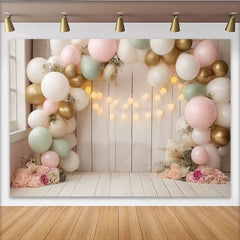 Lofaris Toile de fond pour baby shower ballons pastel et fleurs, élégant décor en bois clair avec lumières pour séance photo