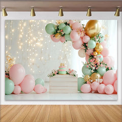 Lofaris Toile de fond pour 1er anniversaire fille avec ballons roses et verts menthe, magnifique décor de fête pour séance photo