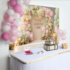 Lofaris Toile de fond joyeux anniversaire un avec ballons pastel et fleurs, élégant décor de fête pour studio photo et célébration d'enfant