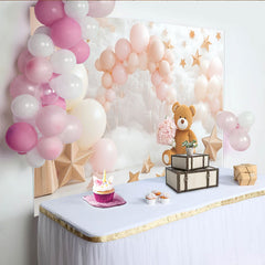 Lofaris Toile de fond pour baby shower ours en peluche et ballons roses, décor de rêve nuages et étoiles pour séance photo