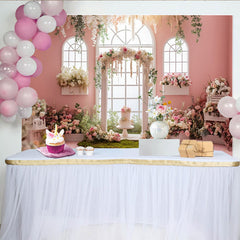 Lofaris Toile de fond pour anniversaire florale rose avec arche et gâteau, élégant décor de fête pour studio photo