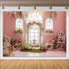 Lofaris Toile de fond pour anniversaire florale rose avec arche et gâteau, élégant décor de fête pour studio photo