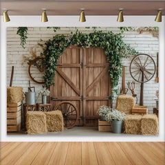 Lofaris Toile de fond de photographie grange en bois et mur de briques, décor rustique avec bottes de foin pour studio photo