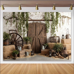Lofaris Toile de fond de photographie grange rustique avec porte en bois et foin, décor de studio pour portraits et scènes rurales