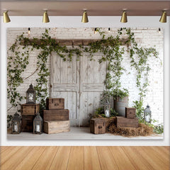 Lofaris Toile de fond de photographie mur briques blanc porte bois rustique, élégant arrière-plan pour studio photo ou portrait