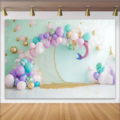 Lofaris Toile de fond anniversaire sirène rose violet et sarcelle avec ballons, magnifique décor de fête sous la mer pour studio photo