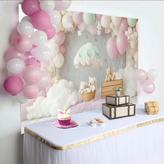 Lofaris Toile de fond pour baby shower montgolfière et oursons pastel, décor de rêve avec nuages et ballons pour studio photo