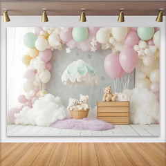 Lofaris Toile de fond pour baby shower montgolfière et oursons pastel, décor de rêve avec nuages et ballons pour studio photo