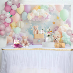 Lofaris Toile de fond pour baby shower ours en peluche avec montgolfière et nuages pastels, magnifique arrière-plan de rêve pour photographie