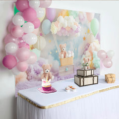 Lofaris Toile de fond pour baby shower ours en peluche avec montgolfière et nuages pastels, magnifique arrière-plan de rêve pour photographie