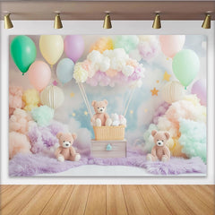 Lofaris Toile de fond pour baby shower ours en peluche avec montgolfière et nuages pastels, magnifique arrière-plan de rêve pour photographie