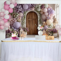 Lofaris Toile de fond porte en bois avec arche de ballons pastel et fleurs lilas, décor romantique pour séance photo