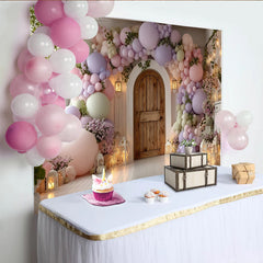 Lofaris Toile de fond de photographie ballons pastel et arche en bois, décor féerique avec lanternes et fleurs pour studio photo