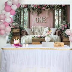 Lofaris, Toile de fond pour premier anniversaire florale rose et rustique, élégant arrière-plan pour séance photo de bébé