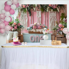 Lofaris Toile de fond rose florale pour 1er anniversaire fille avec macramé, décor rustique bohème pour séance photo studio