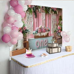 Lofaris Toile de fond rose florale pour 1er anniversaire fille avec macramé, décor rustique bohème pour séance photo studio