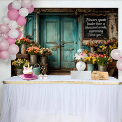 Lofaris Toile de fond de photographie porte turquoise avec fleurs printanières, décor rustique pour séance photo