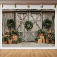 Lofaris Toile de fond de Noël rustique en bois avec couronnes et verdure, élégant décor d'hiver pour studio photo et fêtes