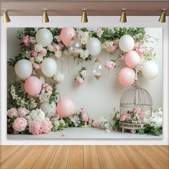 Lofaris Toile de fond pour baby shower florale rose et blanche avec ballons, élégant décor de fête prénatale pour séance photo