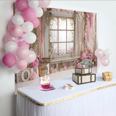 Lofaris Toile de fond pour 1er anniversaire fille avec fleurs roses et fenêtre rustique, décor de fête pour séance photo