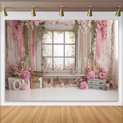 Lofaris Toile de fond pour 1er anniversaire fille avec fleurs roses et fenêtre rustique, décor de fête pour séance photo