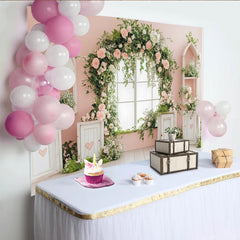 Lofaris Toile de fond de photographie rose pastel avec arche fleurie roses et cœurs, magnifique arrière-plan pour portrait et studio