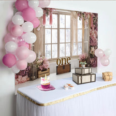 Lofaris Toile de fond pour 1er anniversaire fille avec fleurs roses et fenêtre, décor floral romantique pour séance photo et fête