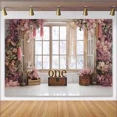 Lofaris Toile de fond pour 1er anniversaire fille avec fleurs roses et fenêtre, décor floral romantique pour séance photo et fête