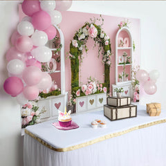 Lofaris Toile de fond de photographie florale avec arche de roses et cœurs, mur rose, décor romantique pour studio photo et séance de portrait