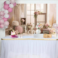 Lofaris Toile de fond bohème pour 1er anniversaire fille avec roses et macramé, décor de fête rustique pour séance photo