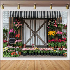 Lofaris Toile de fond de photographie magasin de fleurs, auvent rayé et bois, charmant arrière-plan pour studio photo ou événement