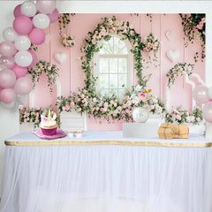 Lofaris Toile de fond rose poudré avec roses et fenêtre arquée pour photographie florale, élégant décor romantique avec cœurs pour studio photo