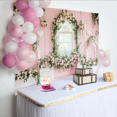 Lofaris Toile de fond rose poudré avec roses et fenêtre arquée pour photographie florale, élégant décor romantique avec cœurs pour studio photo