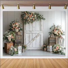 Lofaris Toile de fond de photographie rustique florale avec porte en bois blanche, élégant arrière-plan pour mariage ou séance photo