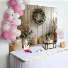 Lofaris Toile de fond de photographie rustique en bois blanc vieilli avec couronne d'eucalyptus, arrière-plan naturel bohème pour studio
