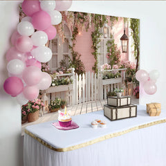 Lofaris Toile de fond de photographie jardin romantique avec fleurs roses et clôture blanche, élégant décor floral pour studio photo
