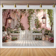 Lofaris Toile de fond de photographie jardin romantique avec fleurs roses et clôture blanche, élégant décor floral pour studio photo